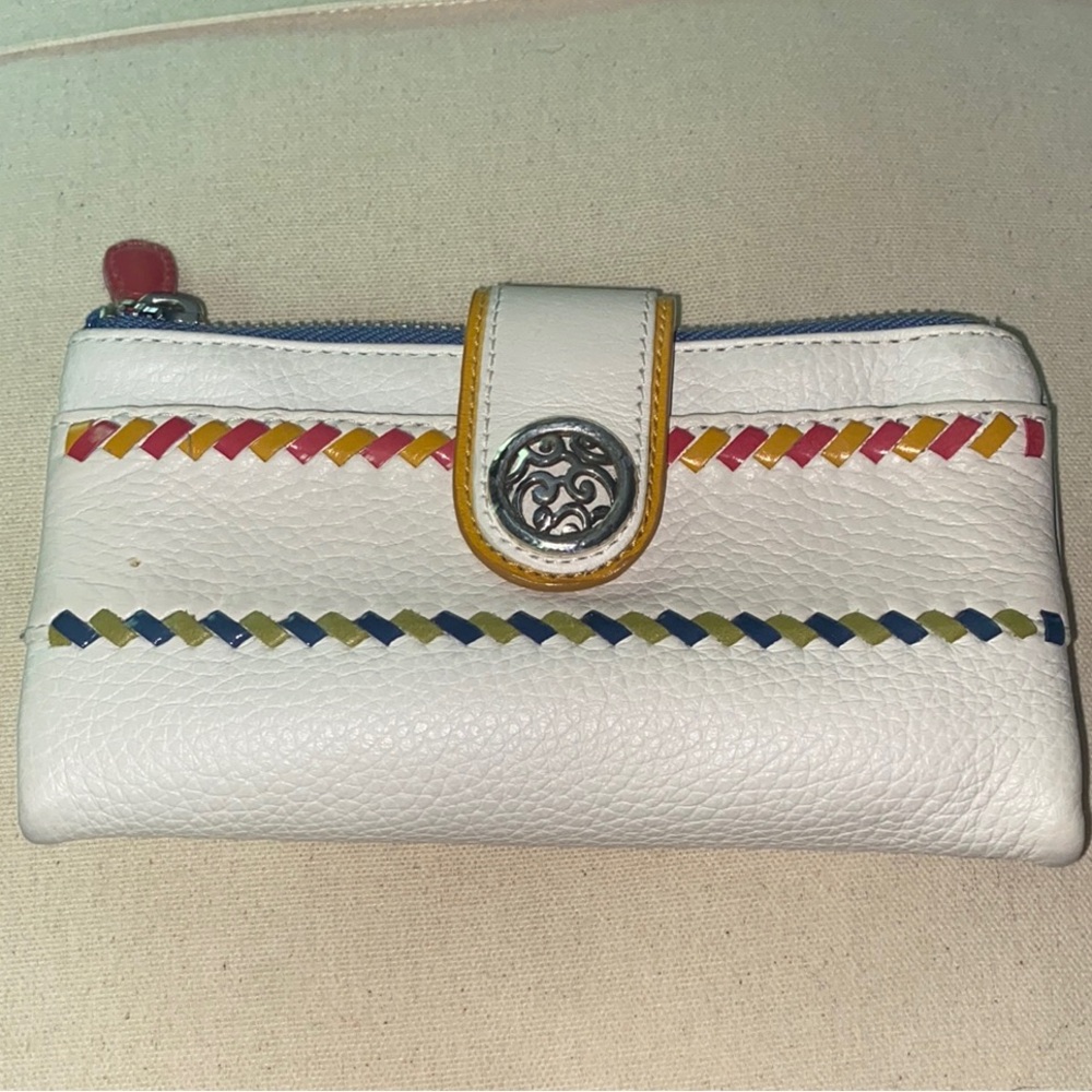 Brighton Barbados White Leather Wallet with Colorful Braided Accents VGUC